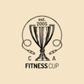 Vector fitness logo. Hand sketched athletic cup illustration. Gym emblem, badge, sports complex sign, club icon. Royalty Free Stock Photo