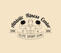 Vector fitness logo. Hand sketched athletic illustration. Gym emblem, badge, sports complex sign, club icon. Royalty Free Stock Photo