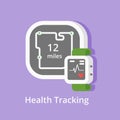 Vector fitness tracker icon. Showing health condition and miles with smart bracelet or heart-rate watch. Wearable