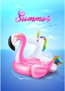 Vector flamingo, unicorn inflatable ring on beach