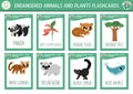 Vector flash cards set with extinct animals. Ecological English language game with whale, panda, leopard. Eco awareness flashcards