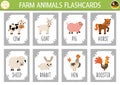 Vector flash cards set with farm animals. English language game with cute cow, horse, goat, pig for kids. Rural countryside on the