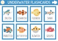 Vector flash cards set with fishes. English language game with cute grouper, flounder, shark, clownfish for kids. Ocean life