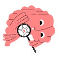 Vector flat abstract animated brain that uses magnifying glass examine, diagnose itself