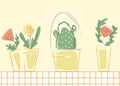 Vector flat abstract illustration with cactus under glass flask, separate from other plants.