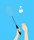 Vector flat abstract isolated illustration hands that toss shuttlecock, swing racket against background sky Royalty Free Stock Photo