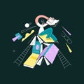 Vector flat abstract young woman sitting on mountain of enlarged books.