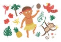 Vector flat African or Papuan boy with birds, flowers, fruits, monkey. Cute tropical, jungle, exotic set of elements. Funny summer Royalty Free Stock Photo