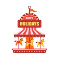 Vector flat amusement park concept. Merry go round, Funfair carnival vintage flying horse carousel colored icon Royalty Free Stock Photo