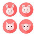 Vector flat animals on circles showing their tongues: dog, cat, rabbit and hamster