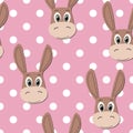 Vector flat animals colorful illustration for kids. Seamless pattern with cute donkey face on pink polka dots background. Cartoon Royalty Free Stock Photo