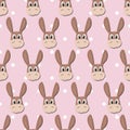 Vector flat animals colorful illustration for kids. Seamless pattern with cute donkey face on pink polka dots background. Royalty Free Stock Photo