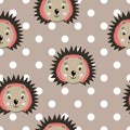 Vector flat animals colorful illustration for kids. Seamless pattern with cute hedgehog face on beige polka dots background. Royalty Free Stock Photo
