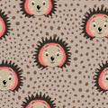 Vector flat animals colorful illustration for kids. Seamless pattern with cute hedgehog face on beige polka dots Royalty Free Stock Photo