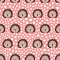 Vector flat animals colorful illustration for kids. Seamless pattern with cute hedgehog face on pink polka dots