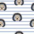 Vector flat animals colorful illustration for kids. Seamless pattern with cute hedgehog face on white striped background. Adorable
