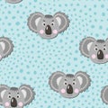 Vector flat animals colorful illustration for kids. Seamless pattern with cute koala face on blue polka dots background. Royalty Free Stock Photo