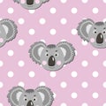 Vector flat animals colorful illustration for kids. Seamless pattern with cute koala face on pink polka dots background. Adorable Royalty Free Stock Photo