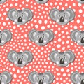 Vector flat animals colorful illustration for kids. Seamless pattern with cute koala face on pink polka dots background Royalty Free Stock Photo