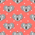 Vector flat animals colorful illustration for kids. Seamless pattern with cute koala face on pink polka dots background Royalty Free Stock Photo