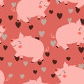 Vector flat animals colorful illustration for kids. Seamless pattern with cute pig on color floral background. Adorable Royalty Free Stock Photo