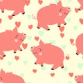 Vector flat animals colorful illustration for kids. Seamless pattern with cute pig on color floral background. Adorable Royalty Free Stock Photo