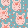 Vector flat animals colorful illustration for kids. Seamless pattern with cute pig on color floral background. Adorable Royalty Free Stock Photo