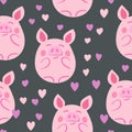 Vector flat animals colorful illustration for kids. Seamless pattern with cute pig on color floral background. Adorable Royalty Free Stock Photo