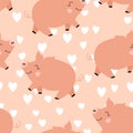 Vector flat animals colorful illustration for kids. Seamless pattern with cute pig on color floral background. Adorable Royalty Free Stock Photo