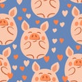 Vector flat animals colorful illustration for kids. Seamless pattern with cute pig on color floral background. Adorable Royalty Free Stock Photo