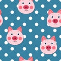 Vector flat animals colorful illustration for kids. Seamless pattern with cute pig face on blue polka dots background. Adorable Royalty Free Stock Photo