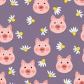 Vector flat animals colorful illustration for kids. Seamless pattern with cute pig face on color floral background Royalty Free Stock Photo