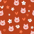 Vector flat animals colorful illustration for kids. Seamless pattern with cute pig face on color floral background Royalty Free Stock Photo