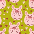 Vector flat animals colorful illustration for kids. Seamless pattern with cute pig face on color floral background Royalty Free Stock Photo