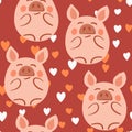 Vector flat animals colorful illustration for kids. Seamless pattern with cute pig face on color floral background Royalty Free Stock Photo