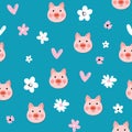 Vector flat animals colorful illustration for kids. Seamless pattern with cute pig face on color floral background Royalty Free Stock Photo
