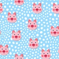 Vector flat animals colorful illustration for kids. Seamless pattern with cute pig face on color polka dots background Royalty Free Stock Photo