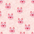 Vector flat animals colorful illustration for kids. Seamless pattern with cute pig face on color polka dots background Royalty Free Stock Photo