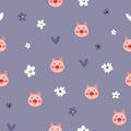 Vector flat animals colorful illustration for kids. Seamless pattern with cute pig face on color polka dots background Royalty Free Stock Photo