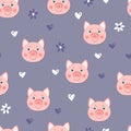 Vector flat animals colorful illustration for kids. Seamless pattern with cute pig face on color polka dots background Royalty Free Stock Photo