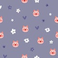 Vector flat animals colorful illustration for kids. Seamless pattern with cute pig face on color polka dots background Royalty Free Stock Photo