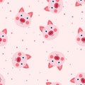 Vector flat animals colorful illustration for kids. Seamless pattern with cute pig face on pink polka dots background. Adorable Royalty Free Stock Photo