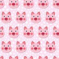 Vector flat animals colorful illustration for kids. Seamless pattern with cute pig face on pink polka dots background Royalty Free Stock Photo