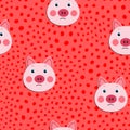 Vector flat animals colorful illustration for kids. Seamless pattern with cute pig face on pink polka dots background Royalty Free Stock Photo