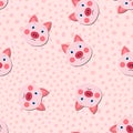 Vector flat animals colorful illustration for kids. Seamless pattern with cute pig face on pink polka dots background Royalty Free Stock Photo