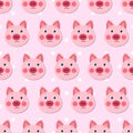 Vector flat animals colorful illustration for kids. Seamless pattern with cute pig face on pink polka dots background Royalty Free Stock Photo