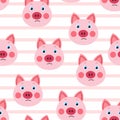 Vector flat animals colorful illustration for kids. Seamless pattern with cute pig face on white striped background. Adorable Royalty Free Stock Photo