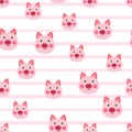 Vector flat animals colorful illustration for kids. Seamless pattern with cute pig face on white striped background. Adorable Royalty Free Stock Photo