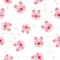 Vector flat animals colorful illustration for kids. Seamless pattern with cute pink pig face on white polka dots background. Royalty Free Stock Photo