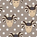 Vector flat animals colorful illustration for kids. Seamless pattern with ram face on beige polka dots background. Cute sheep. Royalty Free Stock Photo